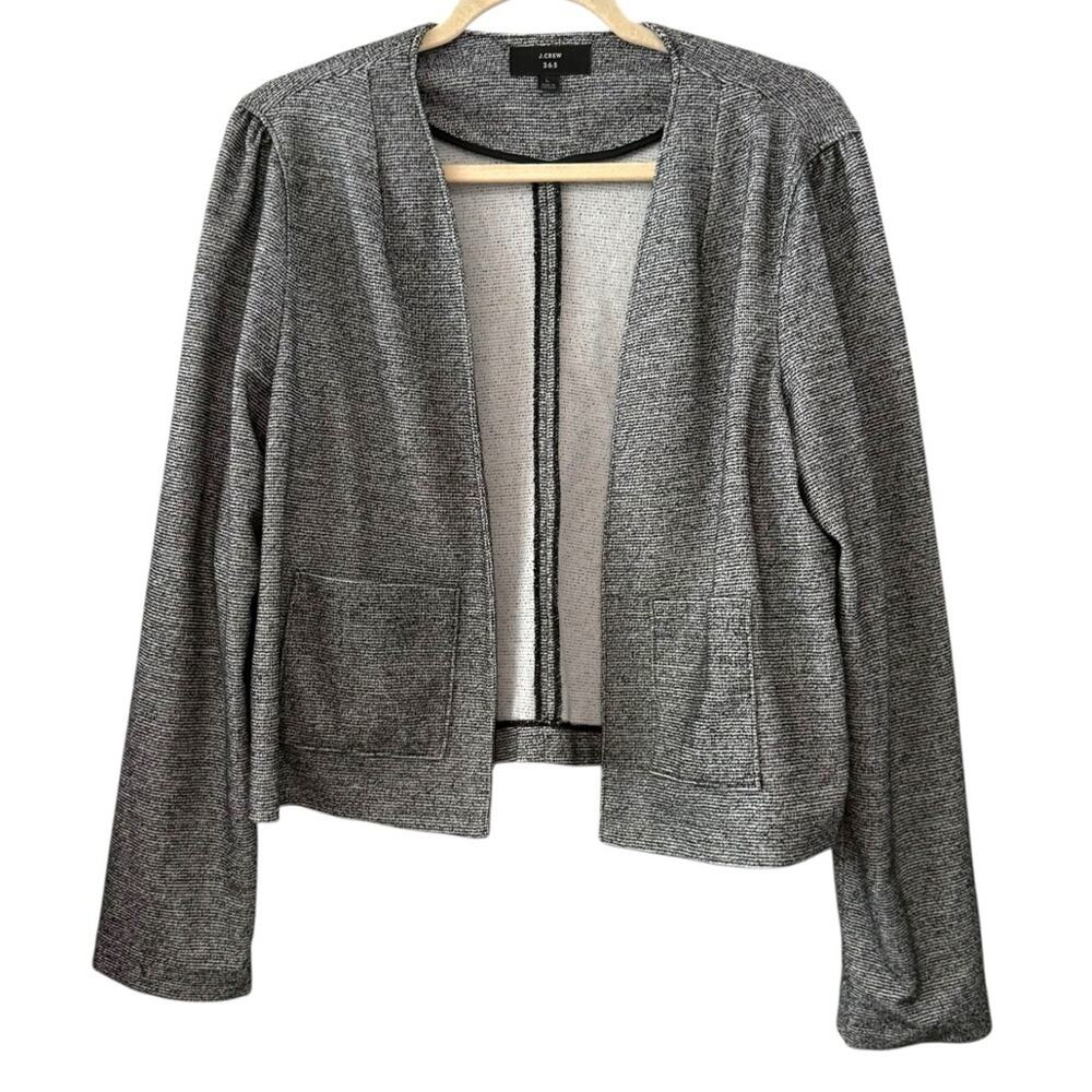 J Crew 365 Large Black White Textured Open Front Collarless Blazer Jacket